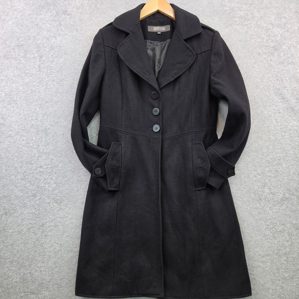 KENNETH COLE REACTION Dark Academia Peacoat Trench Women 4 Black WOOL BLEND